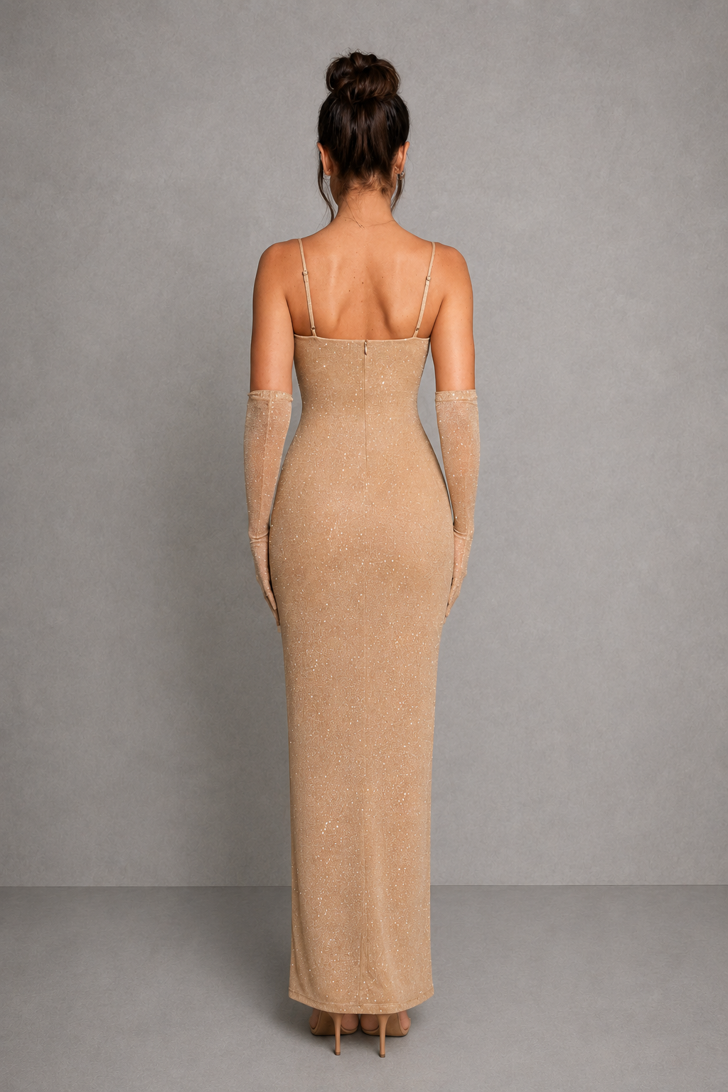 Women's sparkle mesh maxi dress featuring a body-contouring silhouette, supportive underwired cups, all-over shimmer detailing, and a thigh-high split, designed for evening events, formal occasions, and special celebrations.