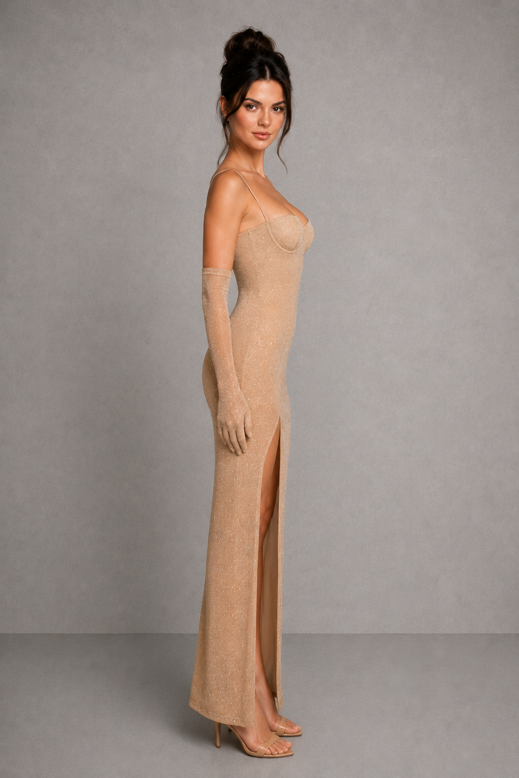 Women's sparkle mesh maxi dress featuring a body-contouring silhouette, supportive underwired cups, all-over shimmer detailing, and a thigh-high split, designed for evening events, formal occasions, and special celebrations.