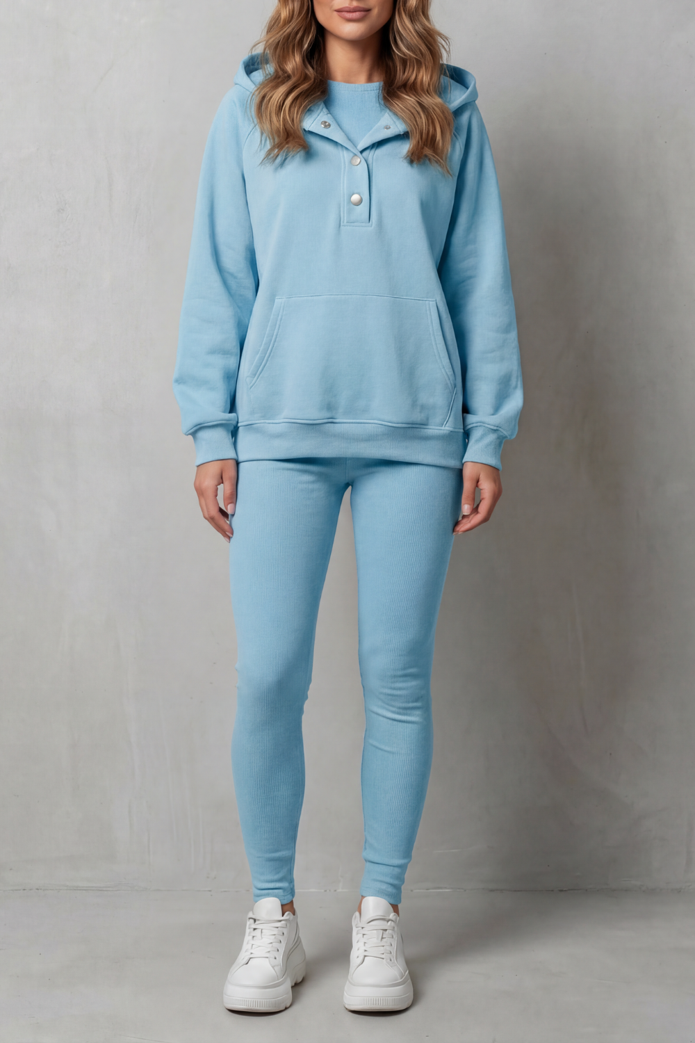 Light blue colorway of the hoodie and leggings lounge set, full-length view