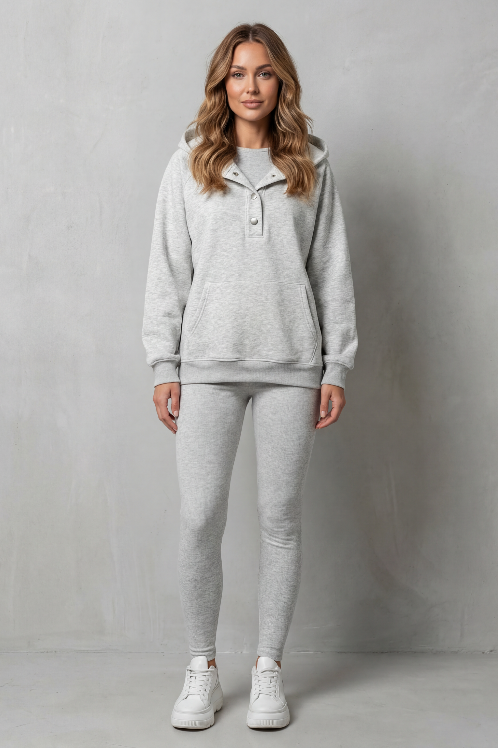 Side view of the Thalina slouchy hoodie and ribbed leggings set