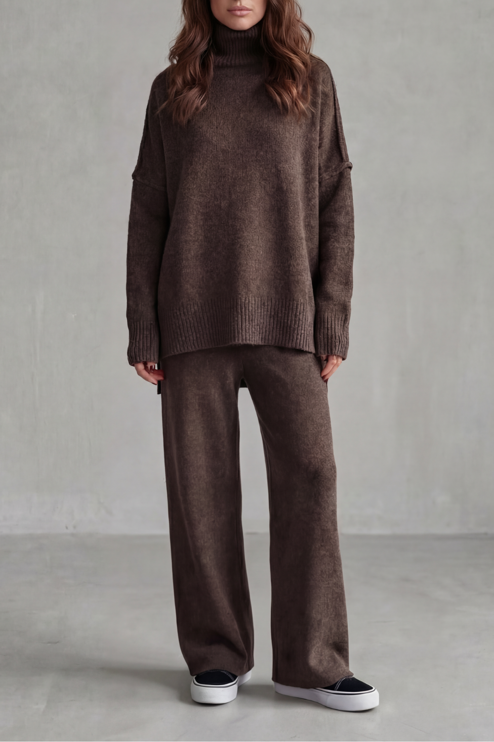 Green colorway, full-length view of the oversized knit lounge set