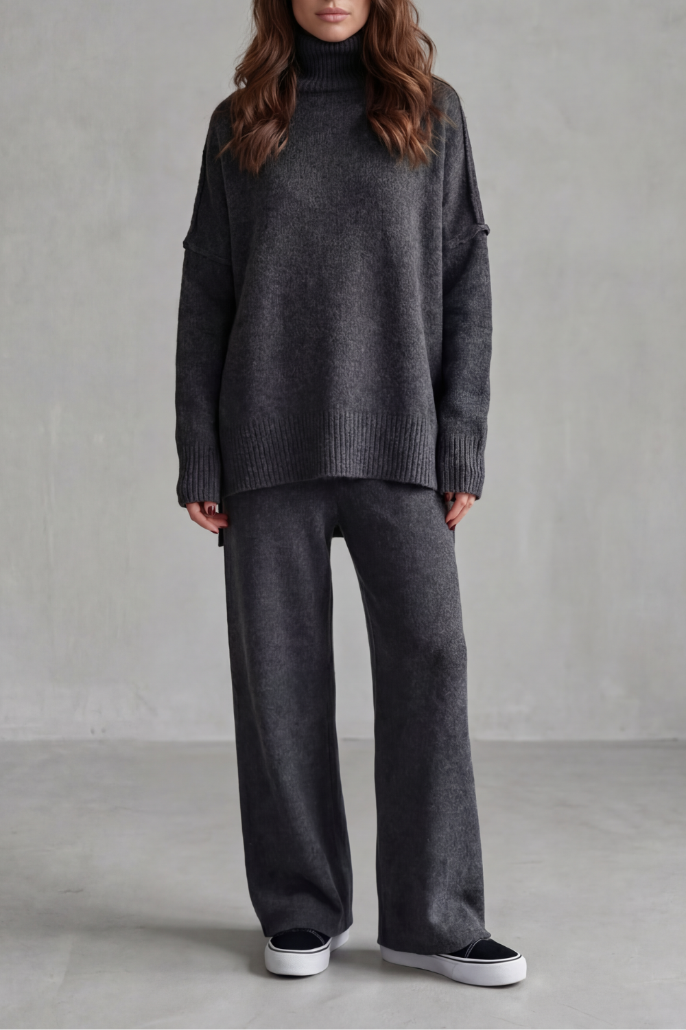 Women's high-neck oversized knit sweater and wide-leg pants lounge set, front view