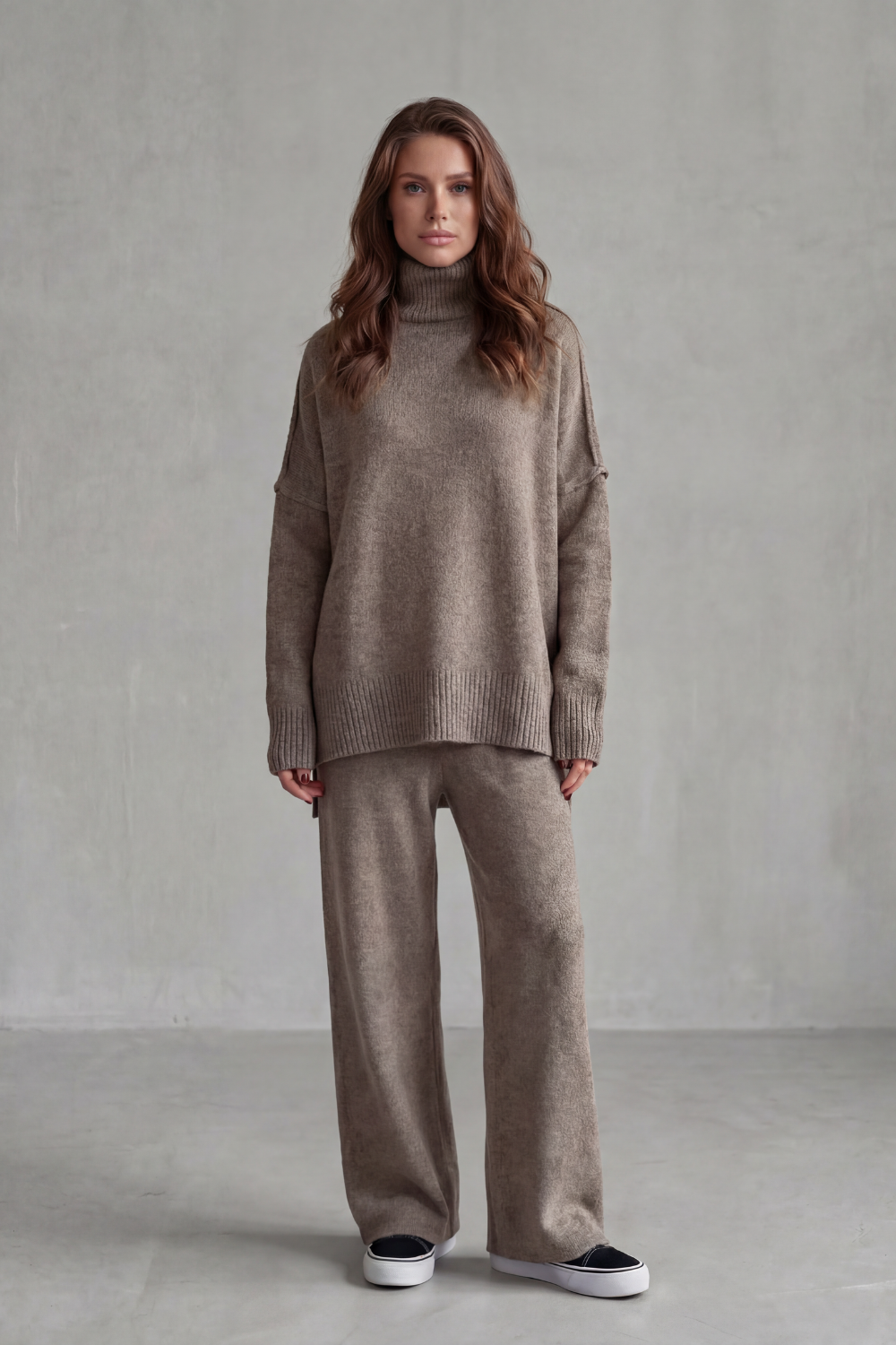 Dark Khaki colorway of the oversized knit sweater and pants set