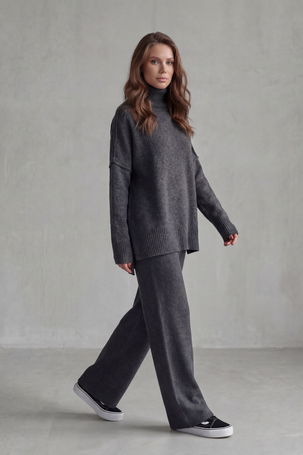 Back view of the high-neck knit lounge two-piece set