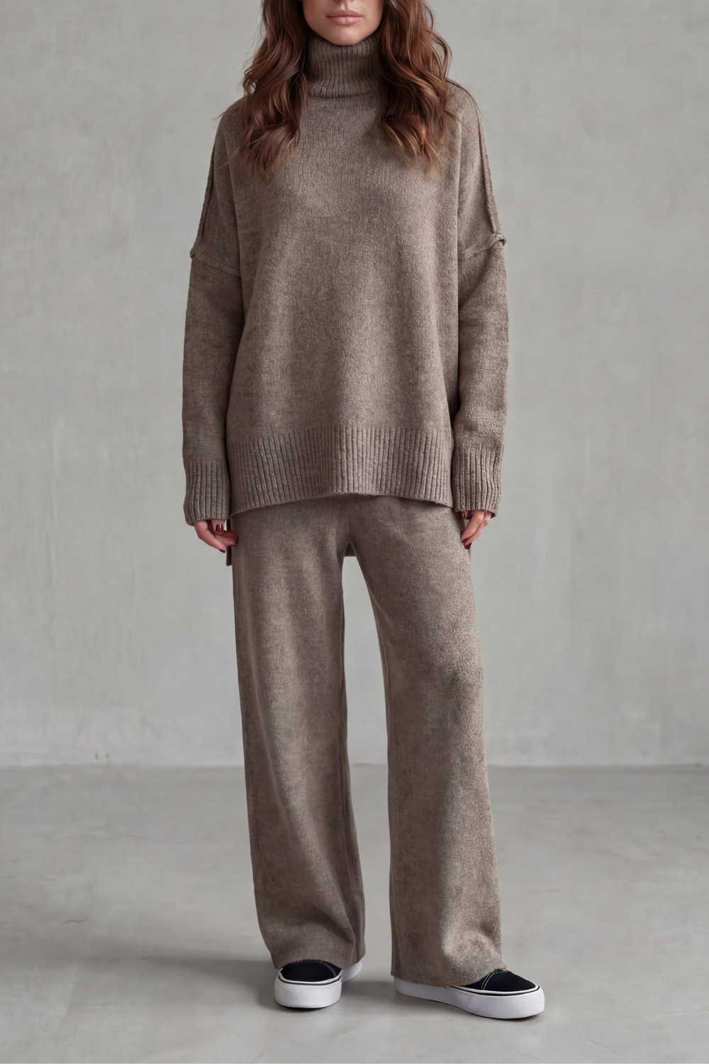 Dark Gray colorway, full-length view of the knit lounge set