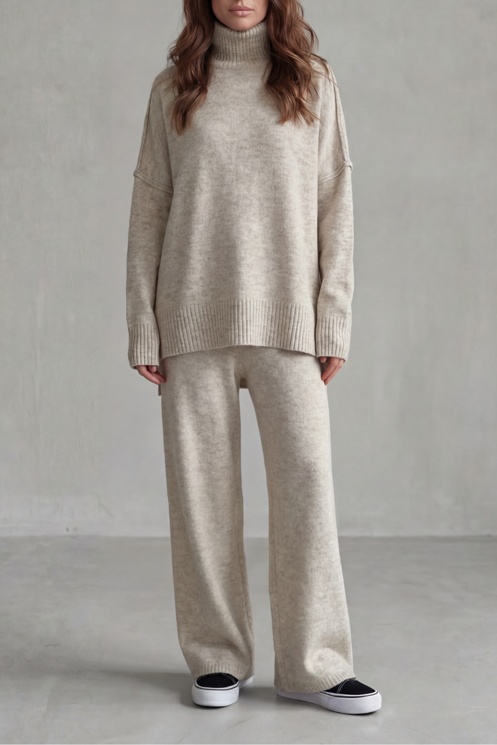 Light Khaki colorway, full-length view of the knit lounge set
