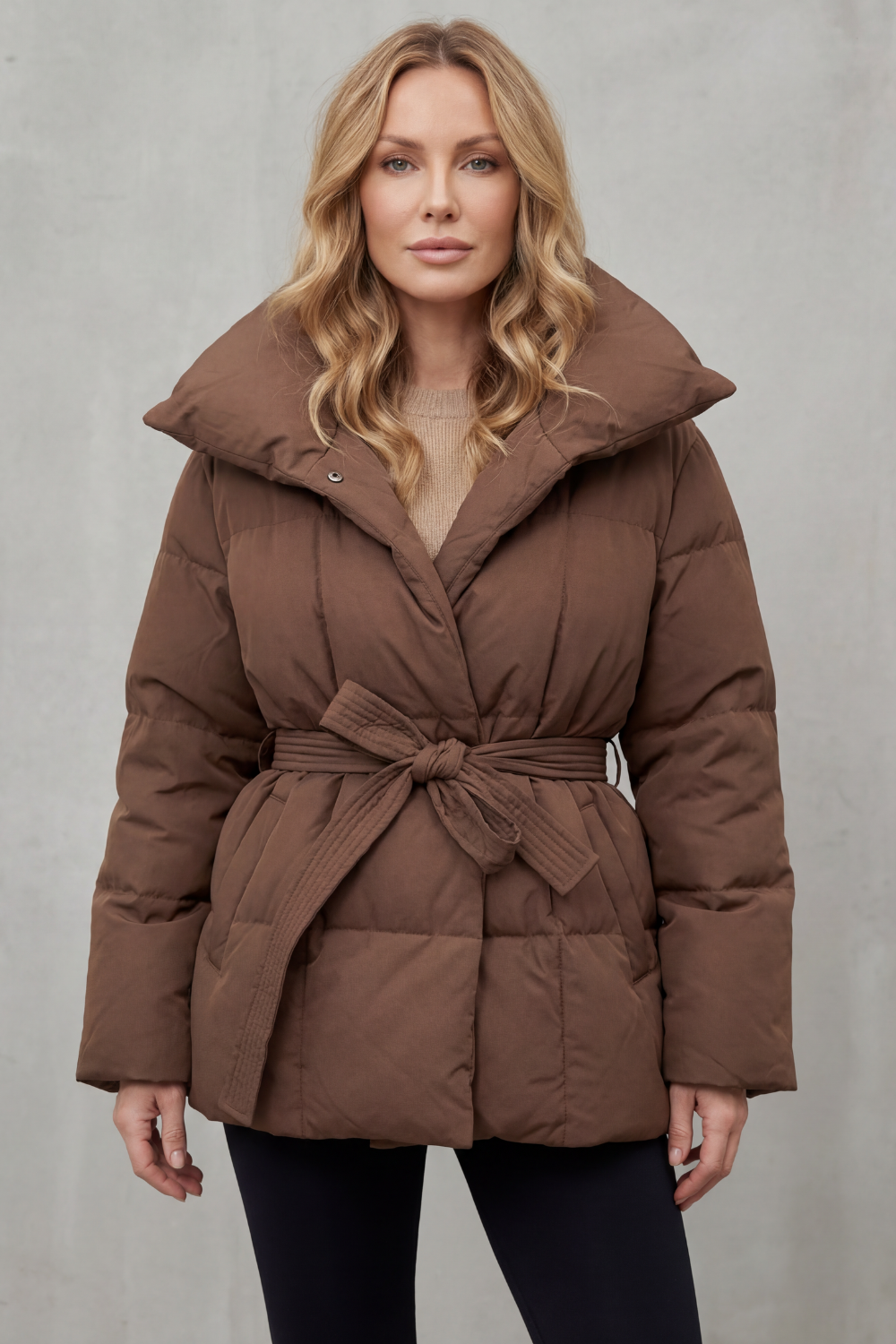 Women's Belted Puffer Coat with Oversized Collar - Valmira