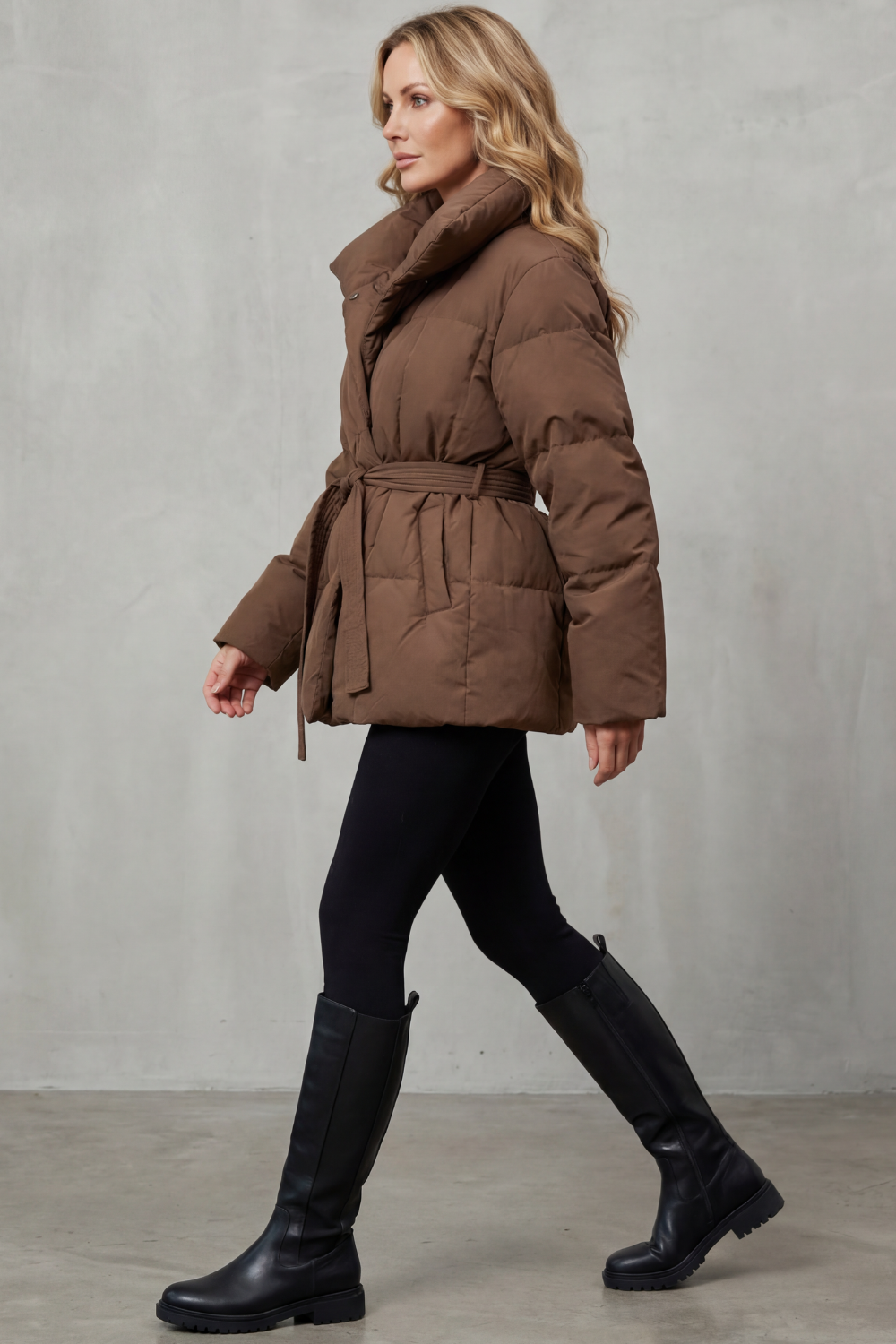 Women's Belted Puffer Coat with Oversized Collar - Valmira