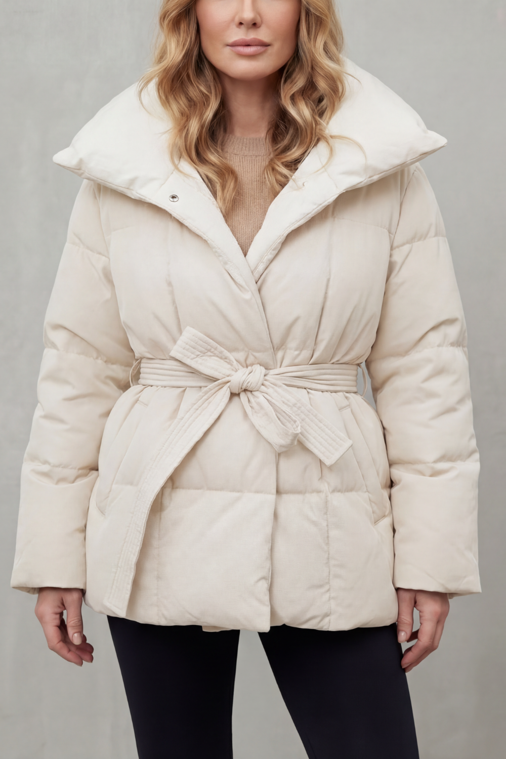 Women's Belted Puffer Coat with Oversized Collar - Valmira