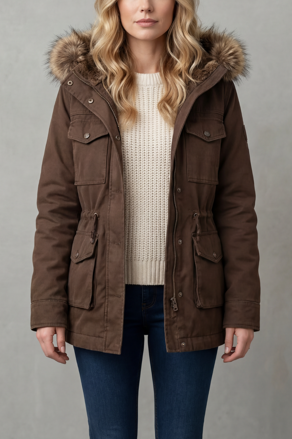 Women's Hooded Parka Coat with Faux Fur Trim - Vellière