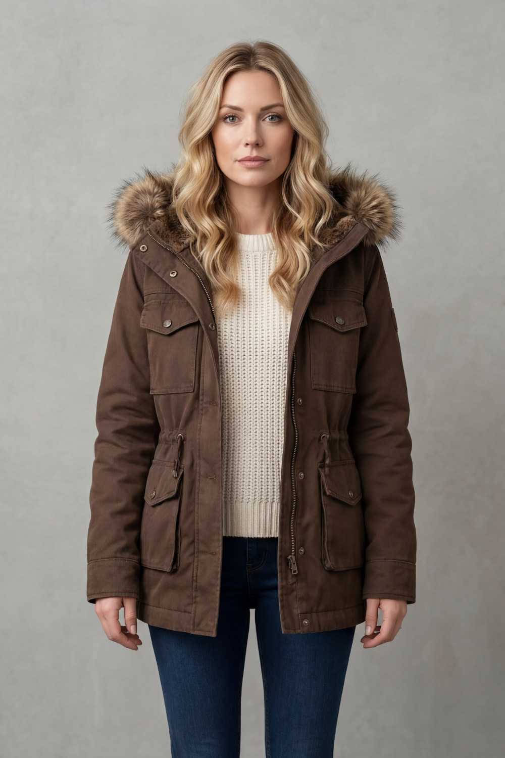 Women's Hooded Parka Coat with Faux Fur Trim - Vellière