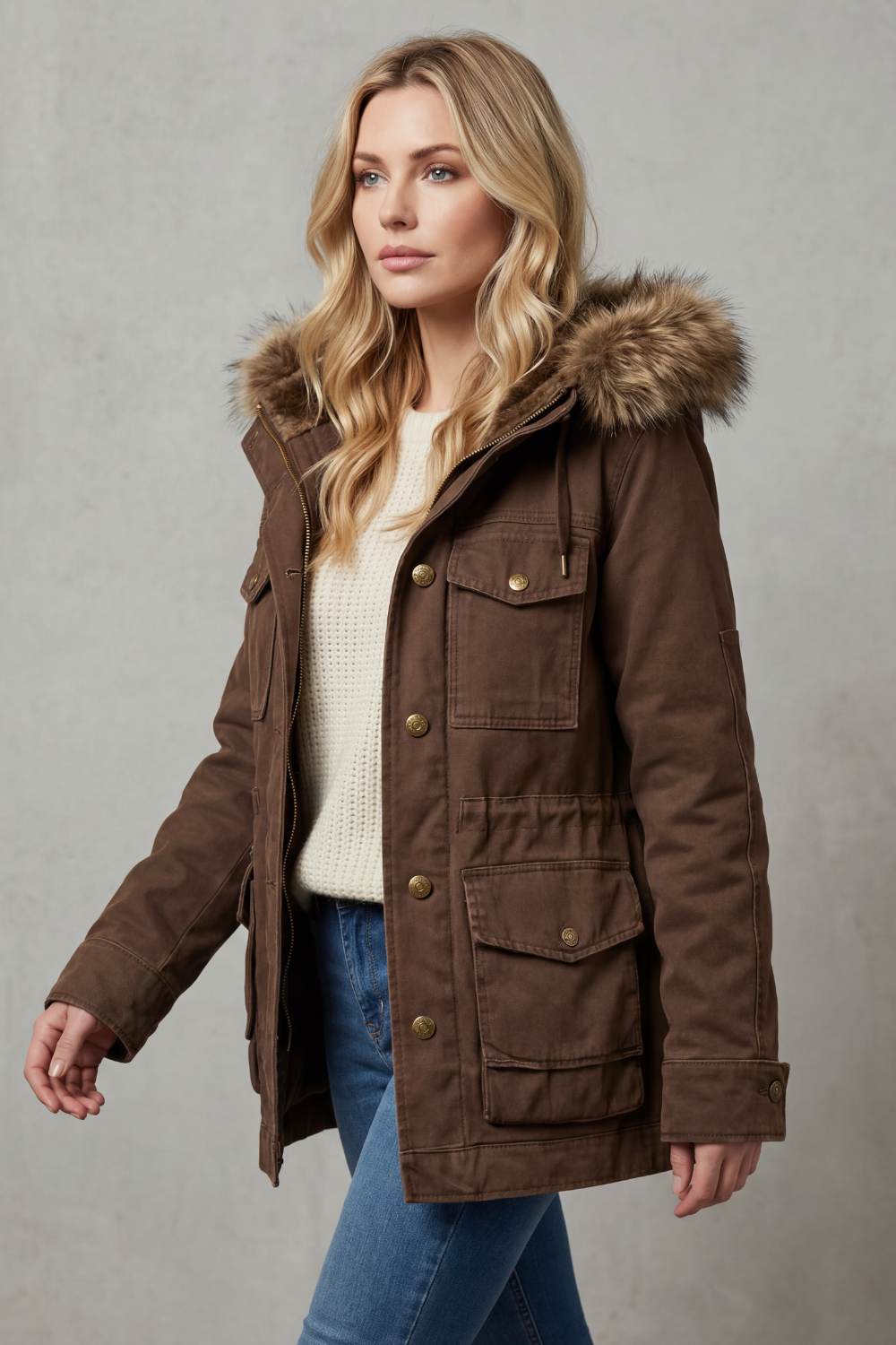 Women's Hooded Parka Coat with Faux Fur Trim - Vellière