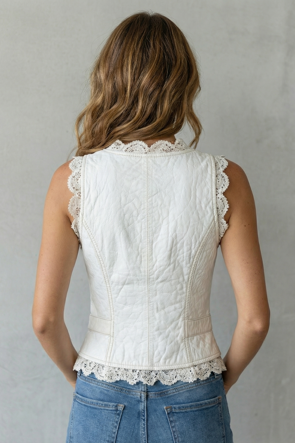 Women's Faux Leather Vest with Lace Trim - Ysoline