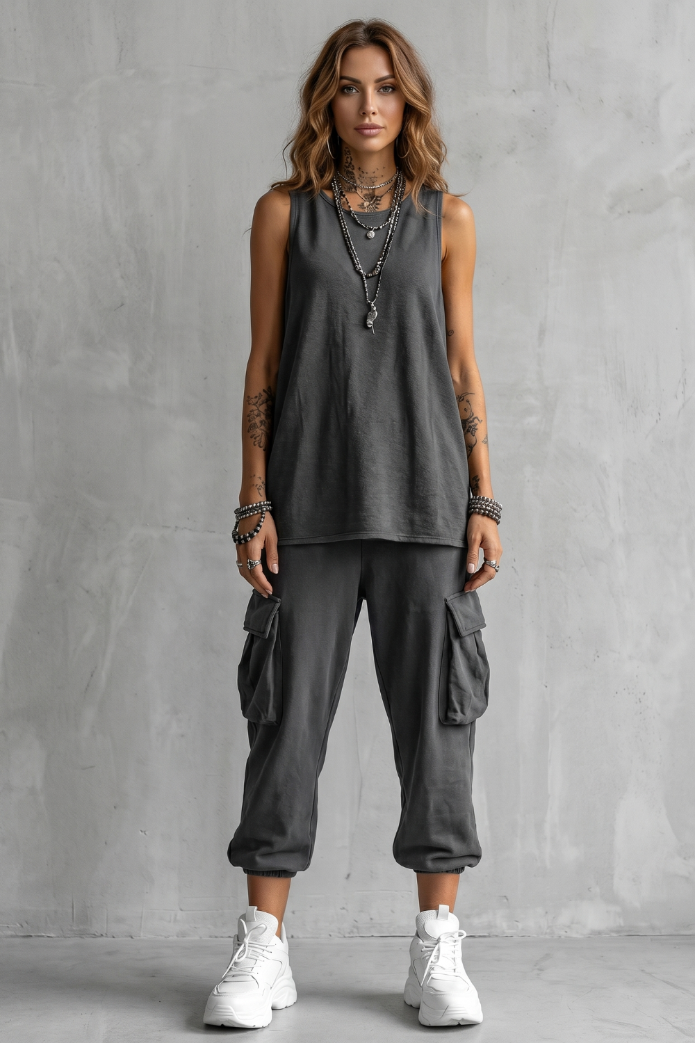 Side view of the Velmora sleeveless top and cargo jogger pants set