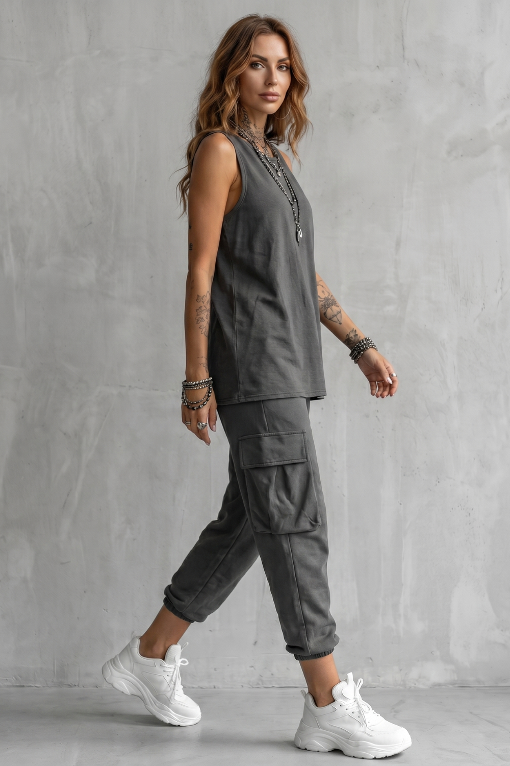 Back view of the relaxed sleeveless top and cargo jogger pants set