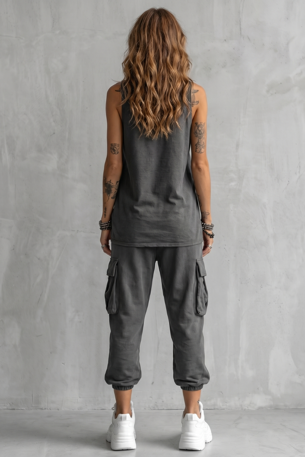 Detail close-up of the cargo pockets on the jogger pants