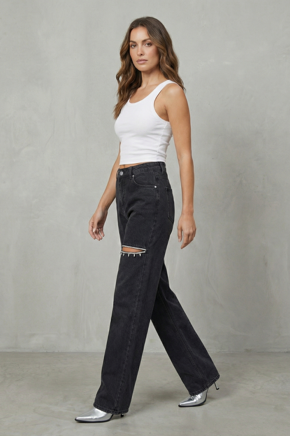 Women's High Rise Wide Leg Jeans in Washed Black - Rosemine
