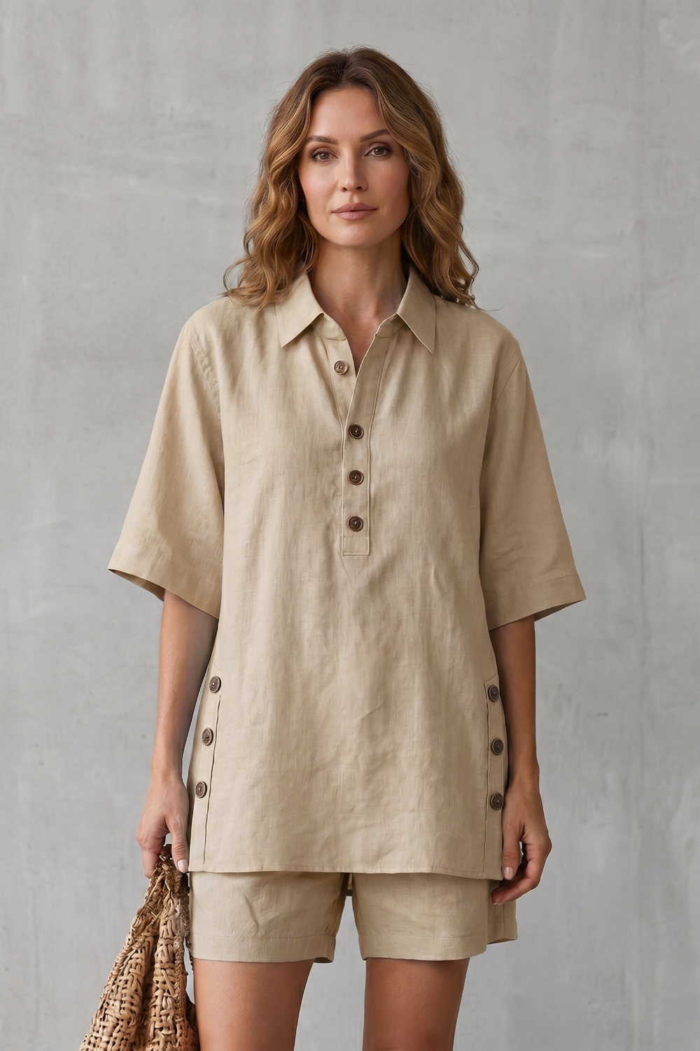 Linen blend shorts set styled with woven sandals and a straw tote