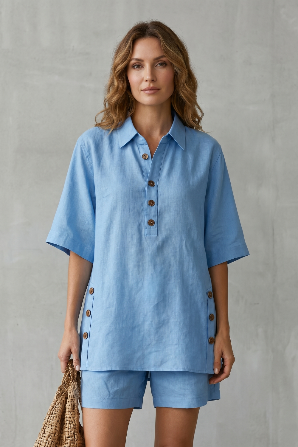 Side view of the relaxed cotton-linen top and matching shorts