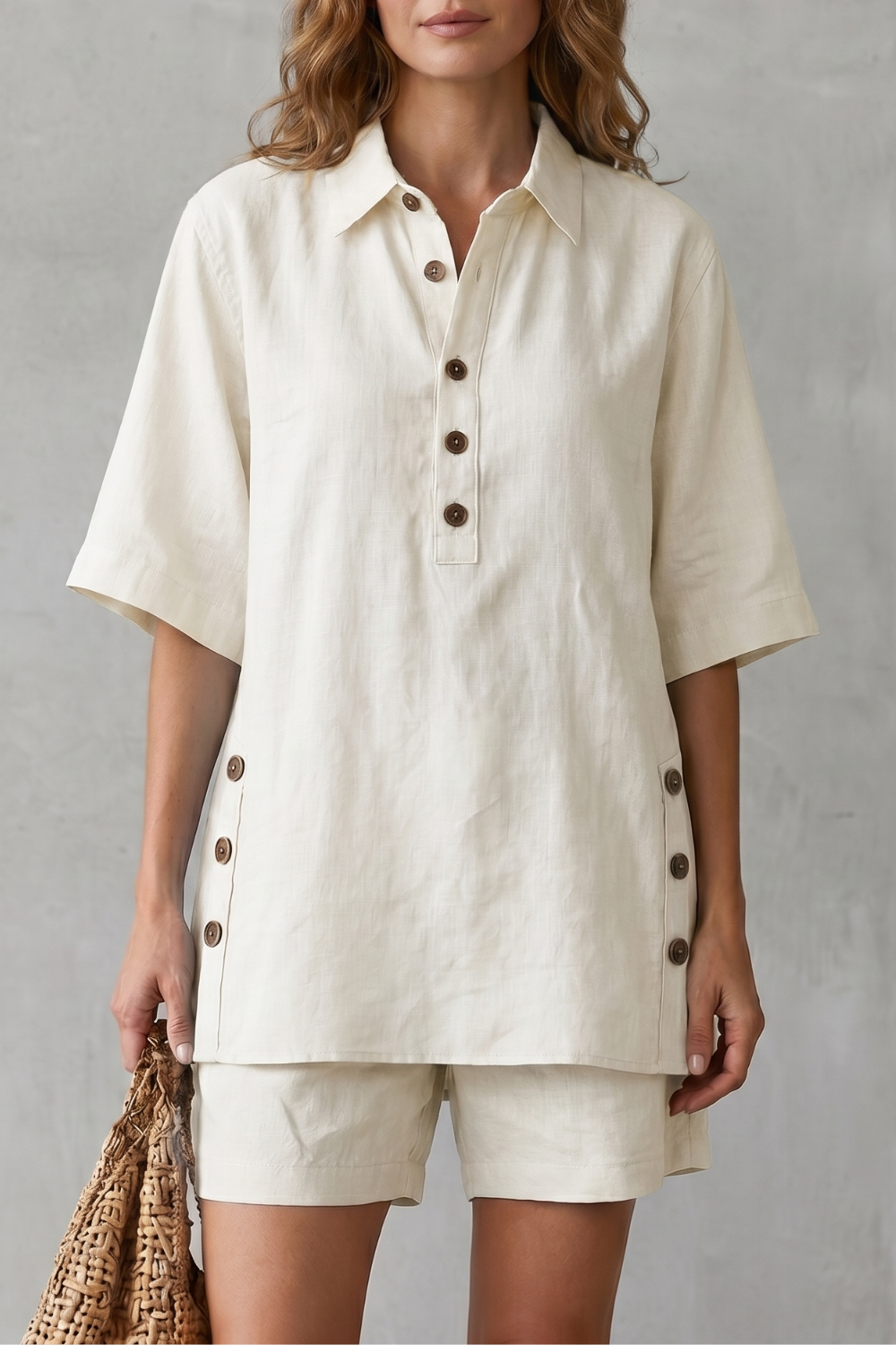Green colorway of the linen blend top and shorts set, full-length view