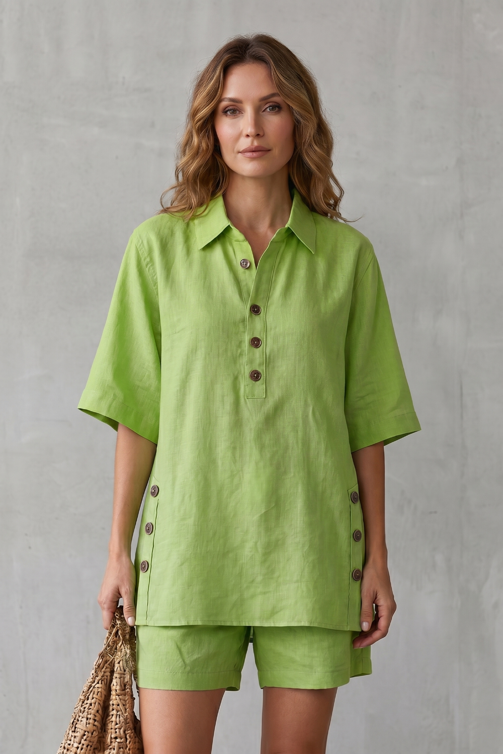 Blue colorway of the linen blend top and shorts set, full-length view
