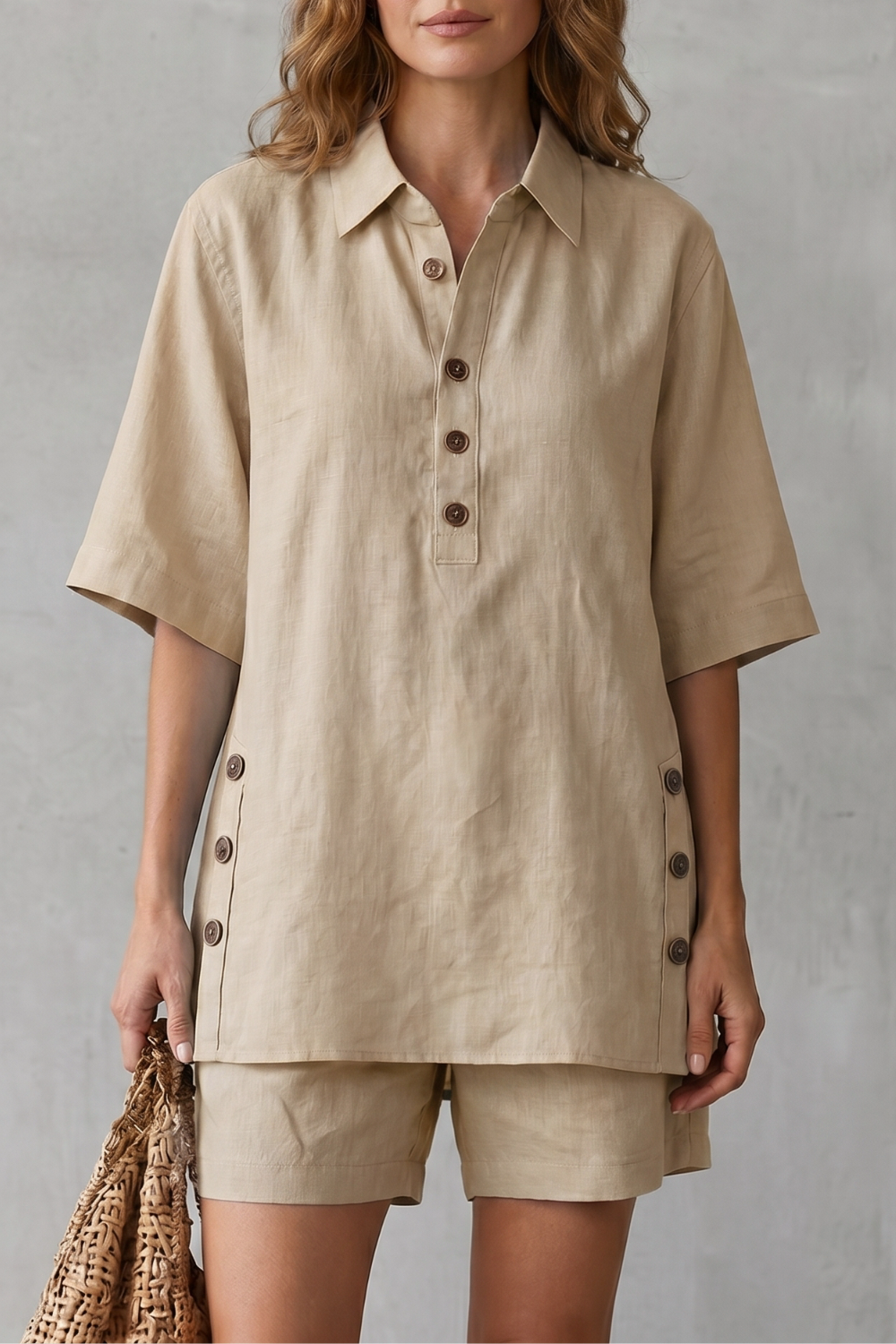 Apricot colorway of the linen blend top and shorts set, full-length view