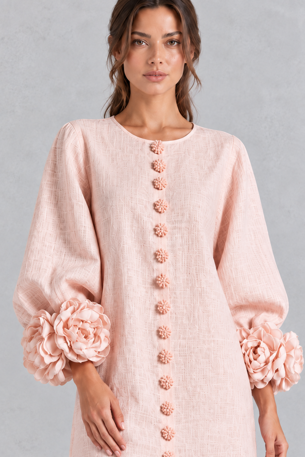 Long lantern sleeve mini dress with a relaxed A-line fit for Thanksgiving gatherings.