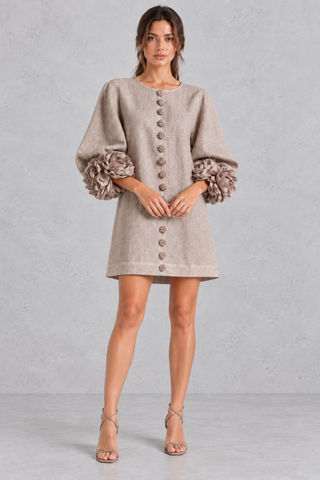 Cotton-linen A-line mini dress with a round neckline for casual fall celebrations.
