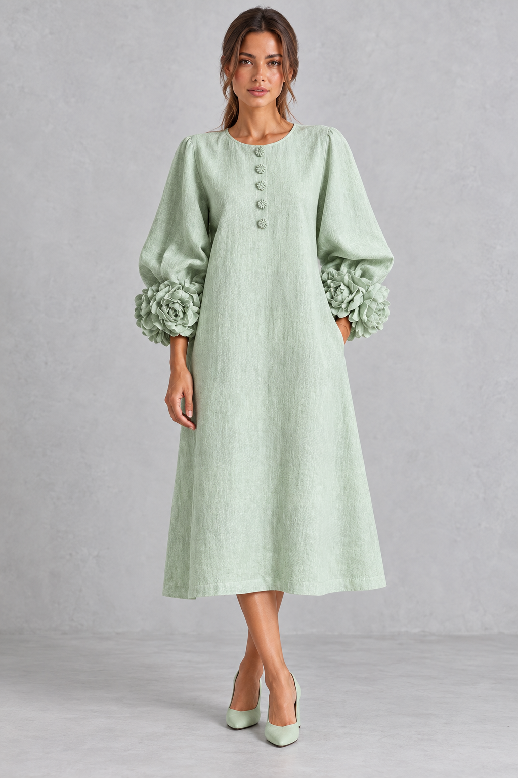 Women's 3D floral lantern sleeve maxi dress, an elegant fall and Thanksgiving dress.