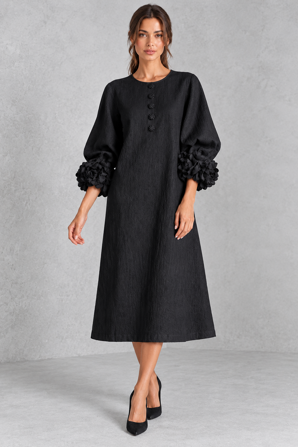 Women's 3D floral lantern sleeve dress in a flowing maxi length for brunch and family gatherings.