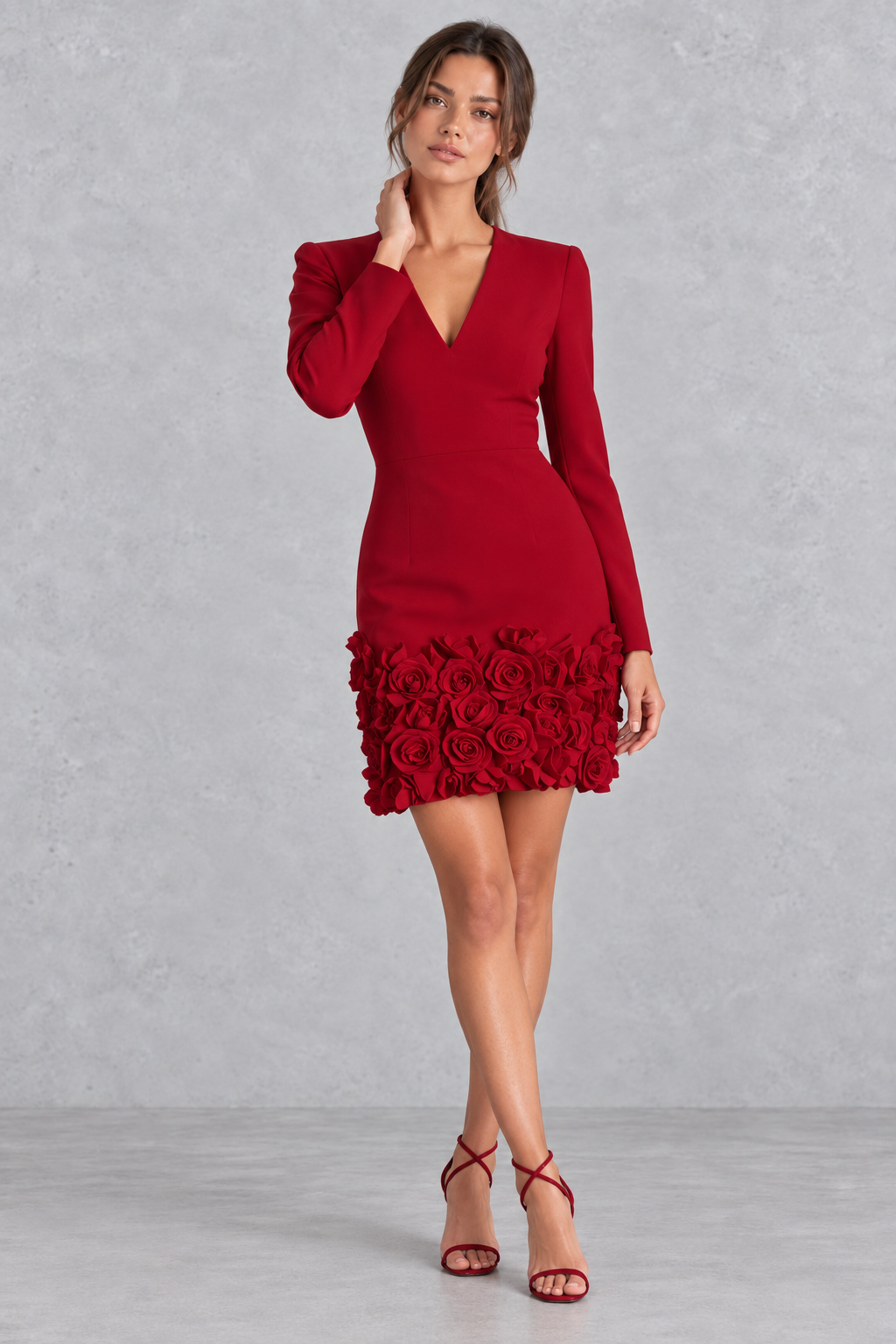 Model in a V-neck 3D flower mini dress with heels for a birthday celebration.