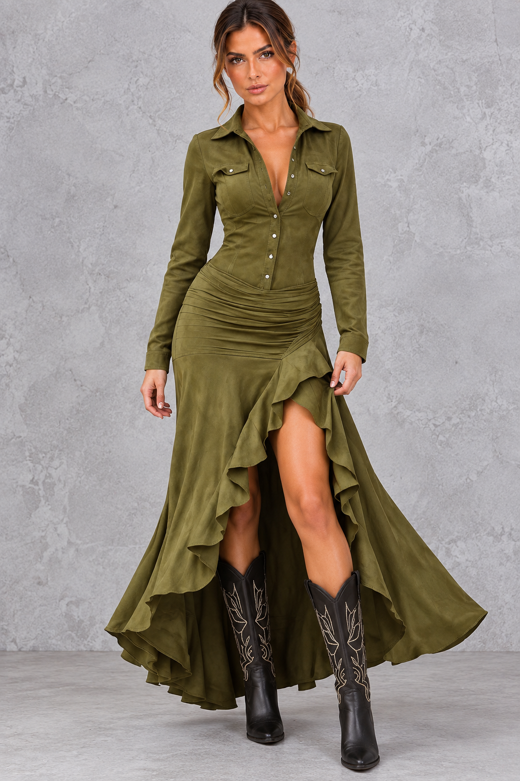 Asymmetric flowing hem detail on a women's A-line maxi dress