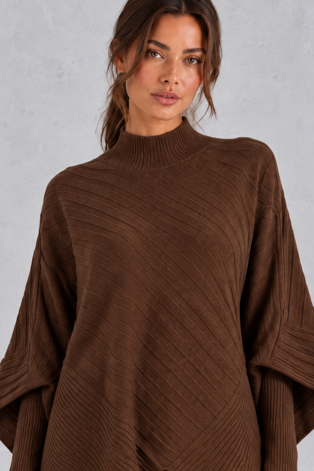 Back view of the high neck ribbed sweater and wide leg pants