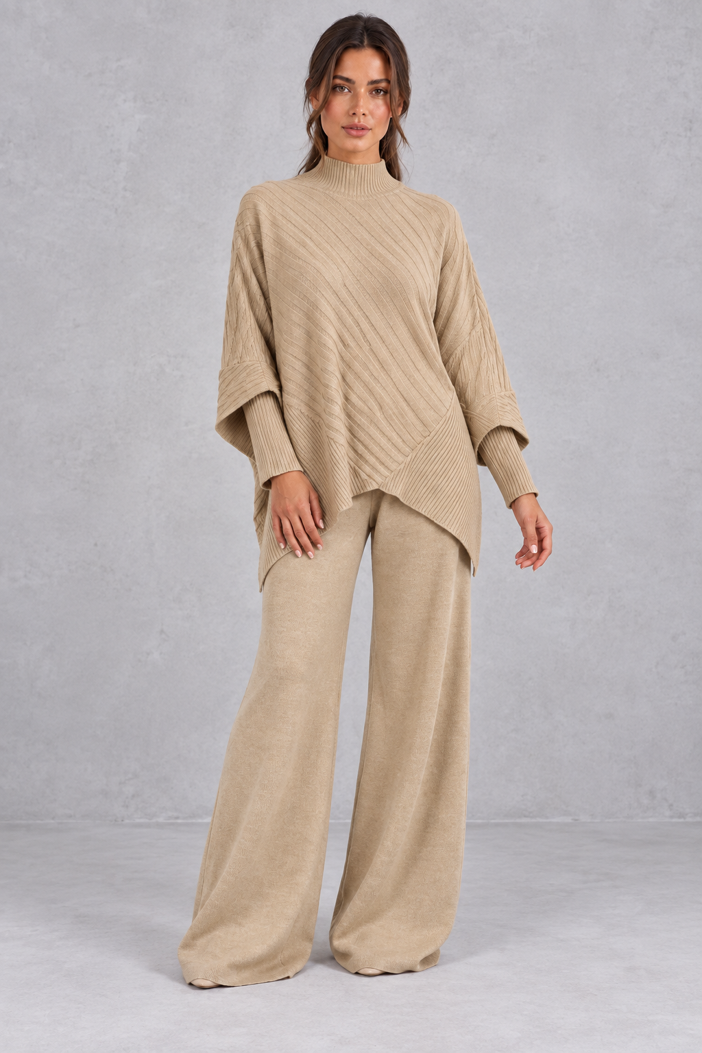 Ribbed knit sweater set shown in brown, black, beige and red