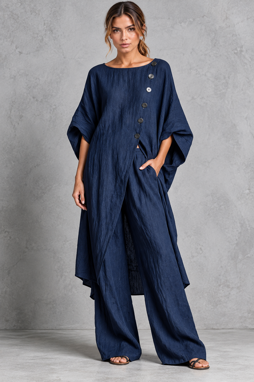 Women's batwing sleeve tunic and high-waisted wide leg pants set, front view
