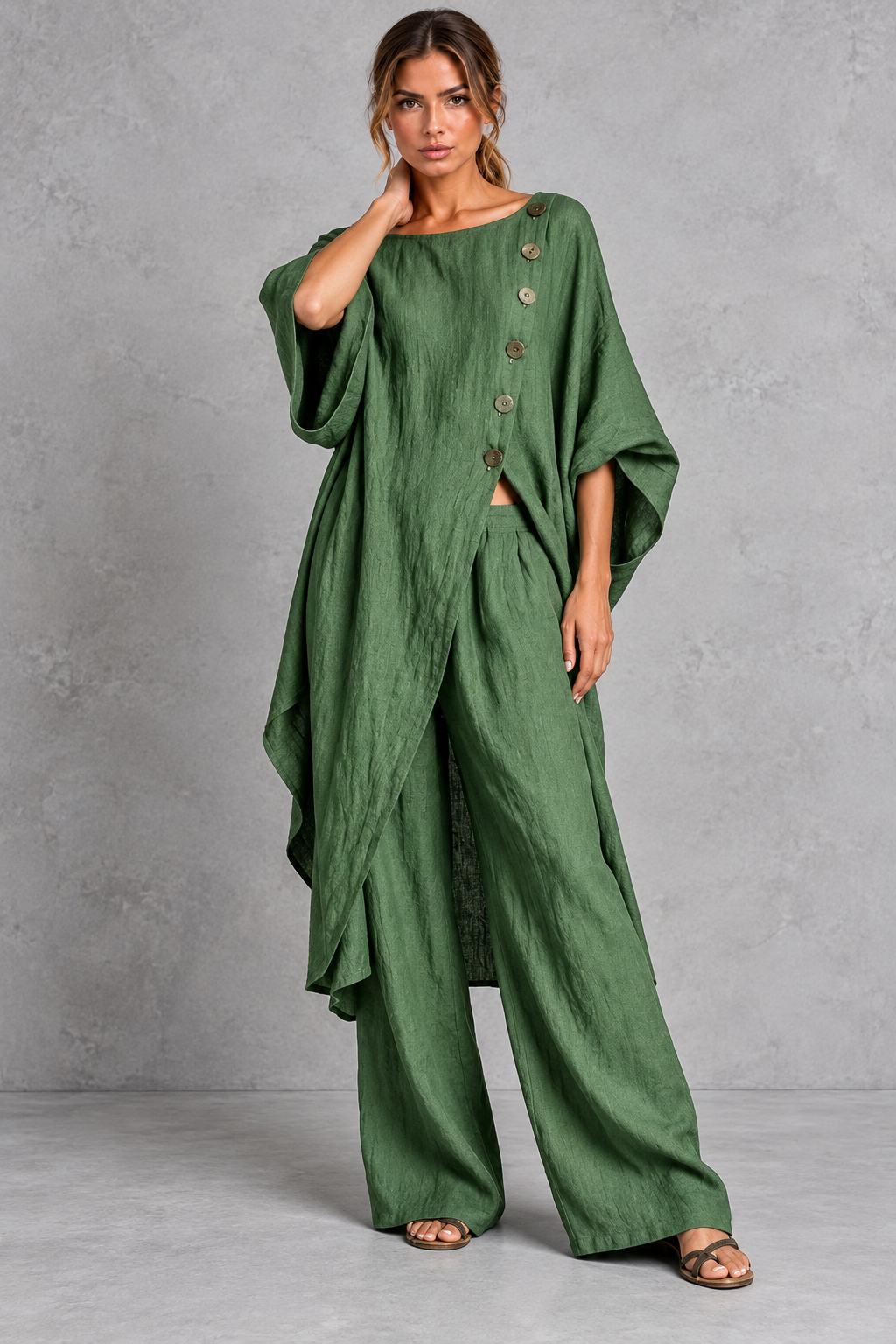 Relaxed fit of the two-piece tunic set, full-length view