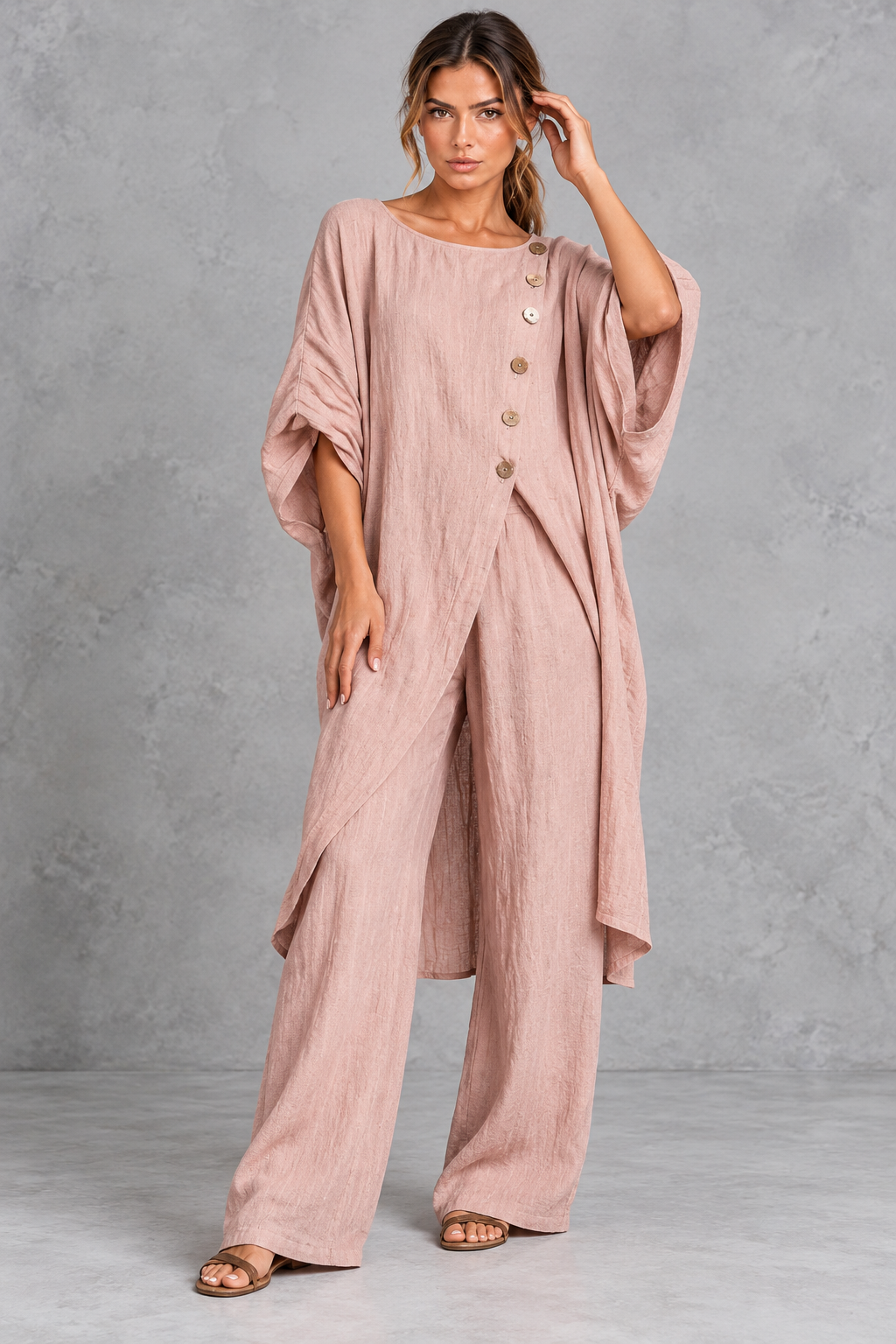 Women's button tunic set shown in a neutral color