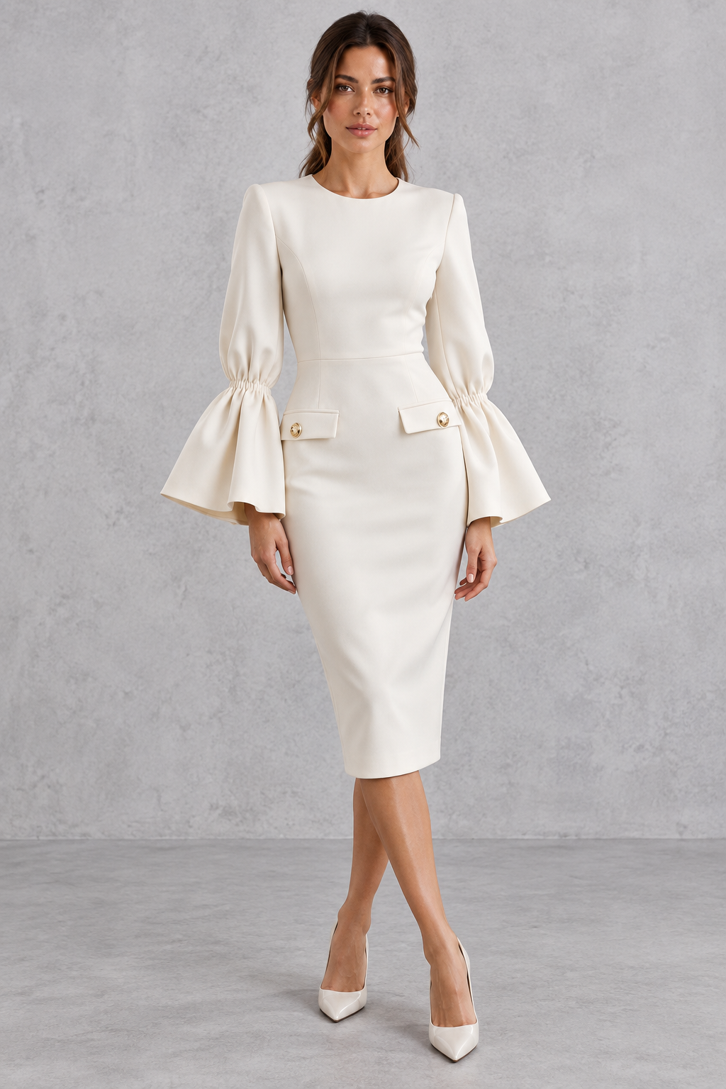 Woman wearing a bell sleeve bodycon midi pencil dress, ideal for holiday parties.