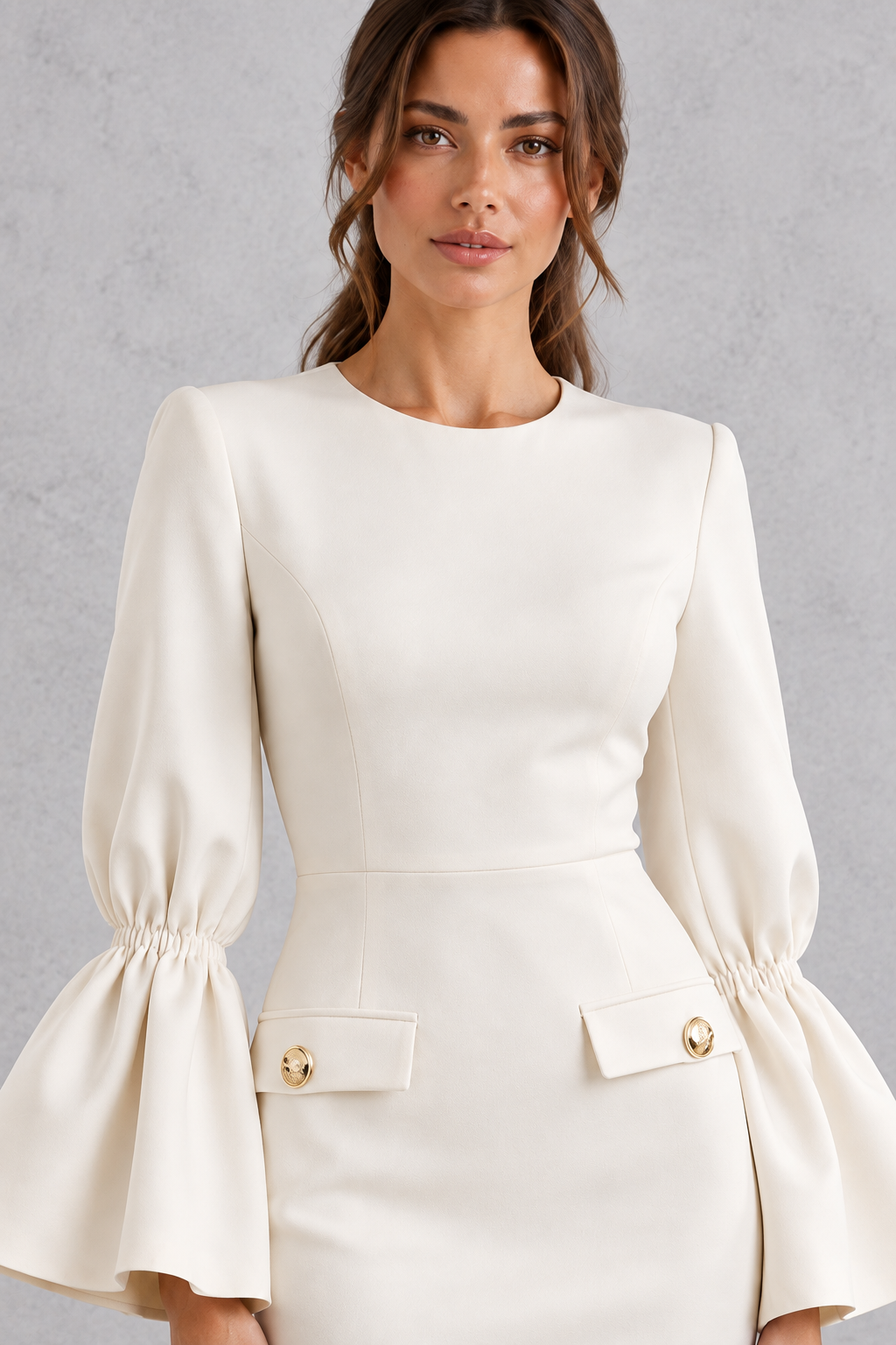 Side view of a fitted midi pencil dress showing statement bell sleeves for the office.