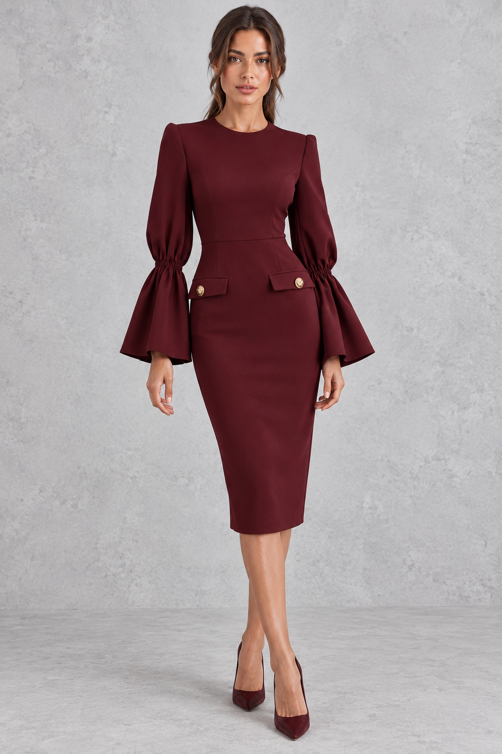 Bell sleeve midi dress styled with heels, a chic fall wedding guest look.