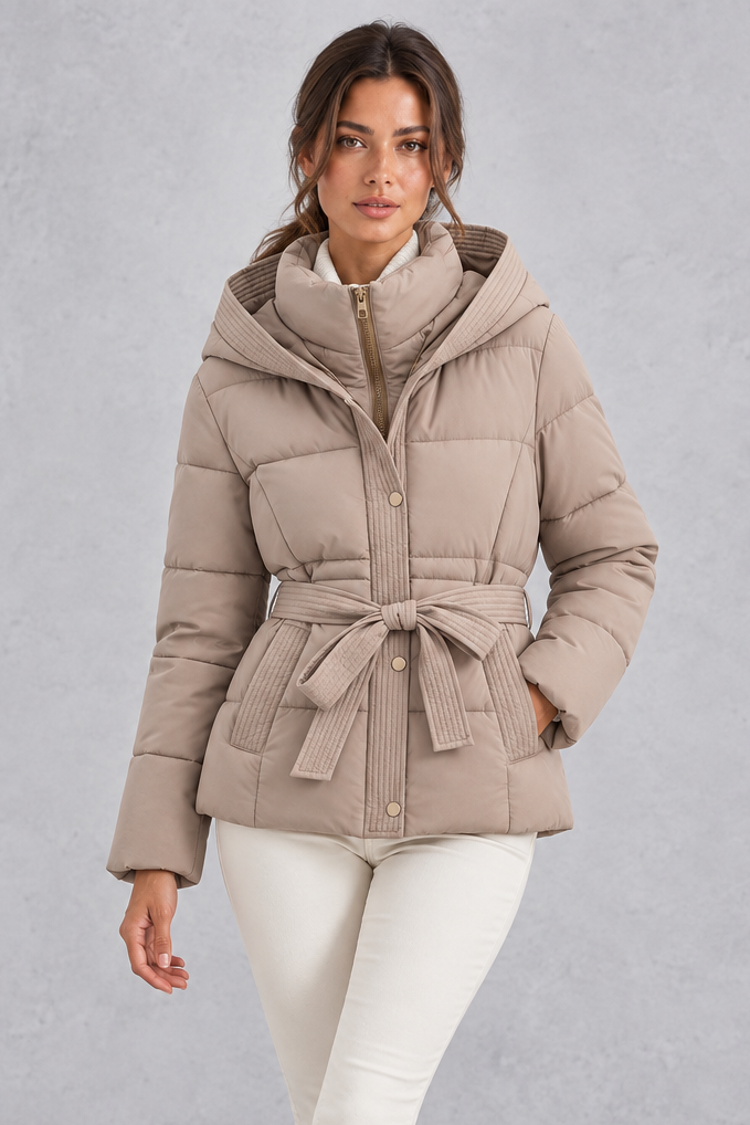 Women's hooded quilted puffer jacket with tie belt, front view