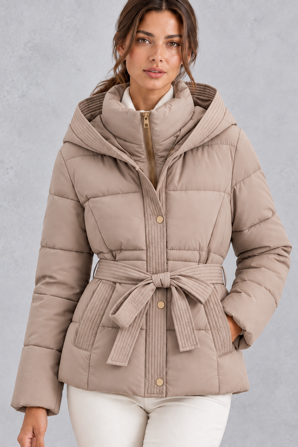 Close-up of snap-button placket and textured trim