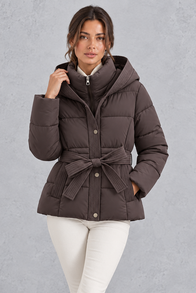 Belted hooded puffer jacket shown in brown
