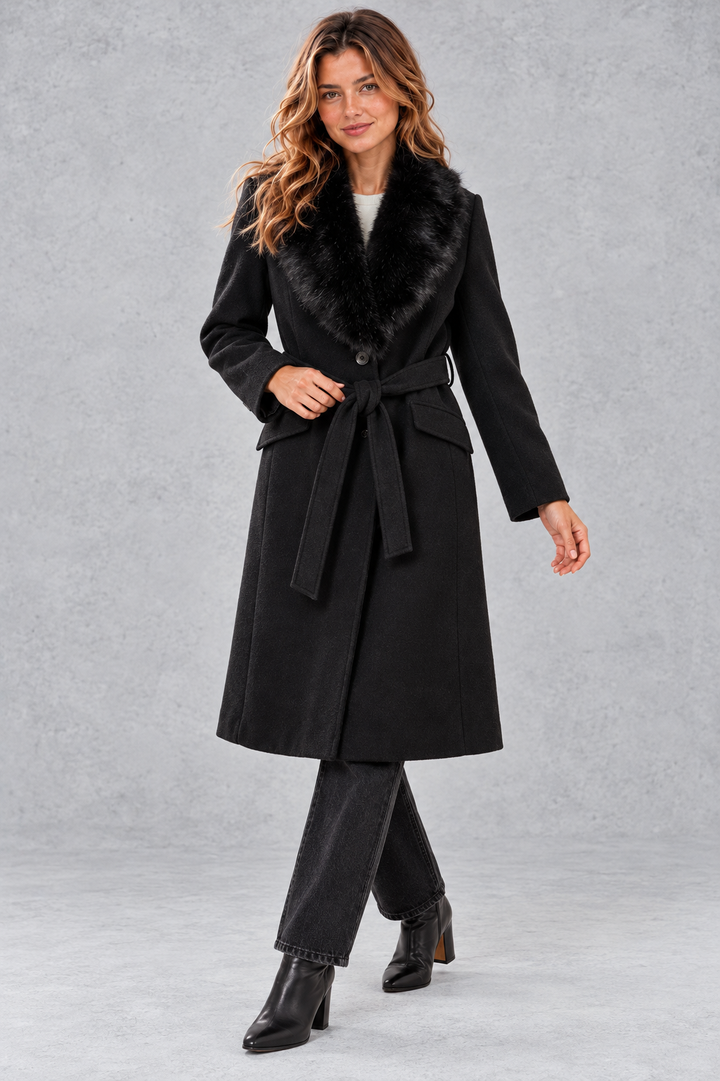 Women's Belted Midi Coat – Black
