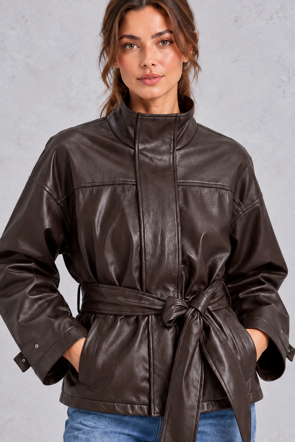 Close-up of the lapel collar and smooth faux leather finish