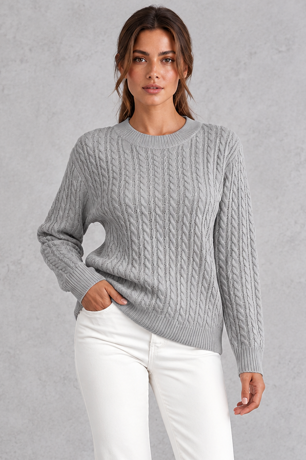 Women's Cable Knit Crew Neck Sweater – Gray