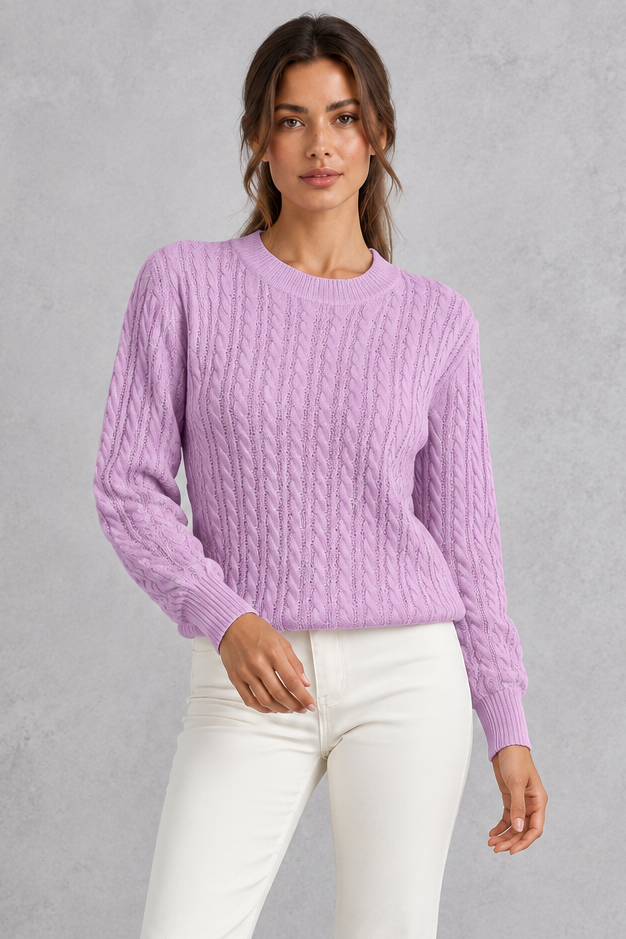 Women's Cable Knit Crew Neck Sweater – Lilac