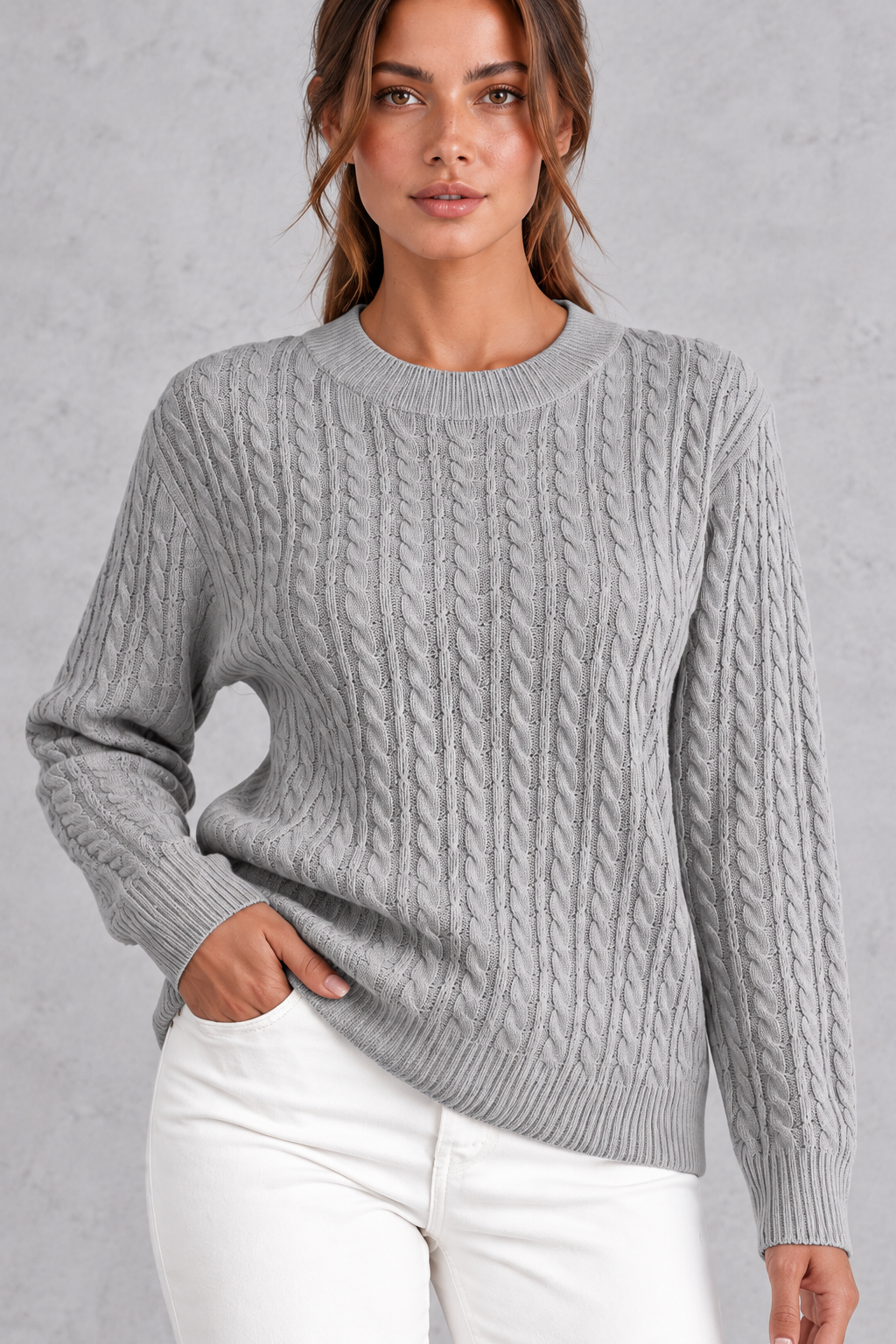 Women's Cable Knit Crew Neck Sweater – Gray