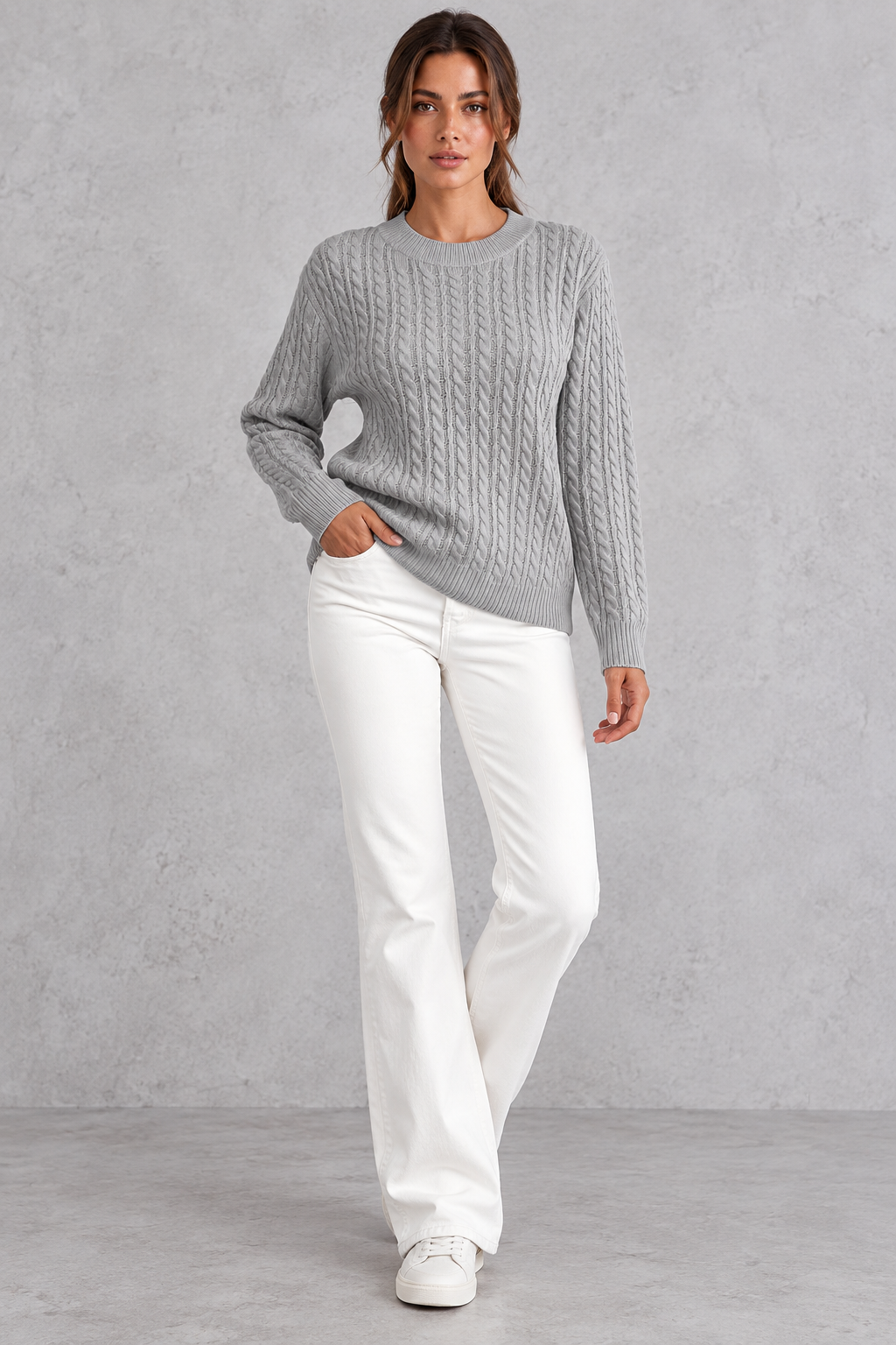 Women's Cable Knit Crew Neck Sweater – Gray