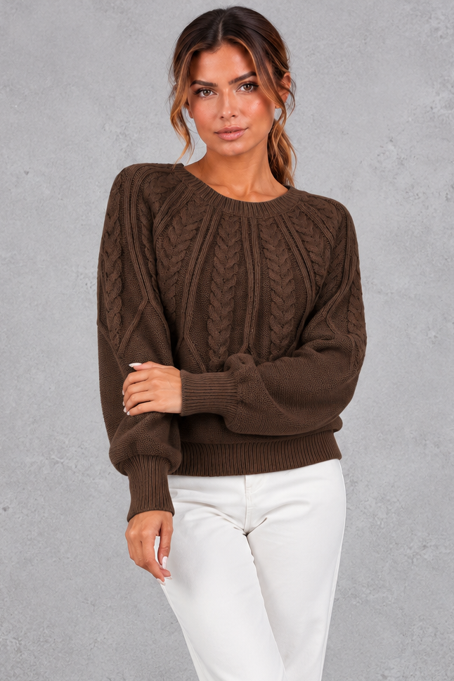 Women's Cable Knit Balloon Sleeve Sweater – Chocolate Brown